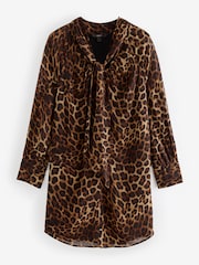 Brown Leopard Print Long Sleeve Tie Neck Mini Dress - Image 7 of 8