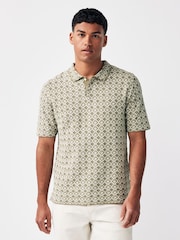 JACK & JONES Green Textured Geo Print Knitted Smart Polo Shirt - Image 1 of 5
