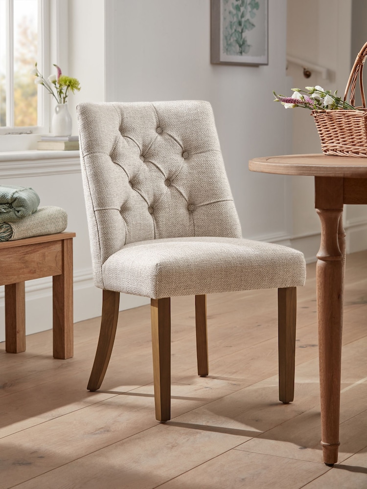 Set of 2 Chunky Weave Mid Natural Wolton Dark Wood Leg Collection Luxe Button Dining Chairs - Image 2 of 10