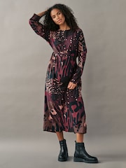 Berry Red Long Sleeve Batwing Midi Dress - Image 1 of 7