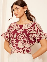 Friends Like These Burgundy Red Floral Short Sleeve Ruffle Cuff T-Shirt - Image 1 of 4