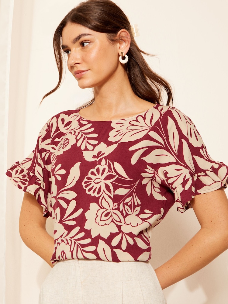Friends Like These Burgundy Red Floral Short Sleeve Ruffle Cuff T-Shirt - Image 1 of 4