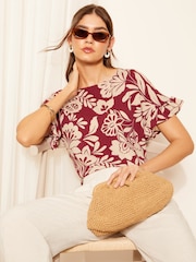 Friends Like These Burgundy Red Floral Short Sleeve Ruffle Cuff T-Shirt - Image 2 of 4
