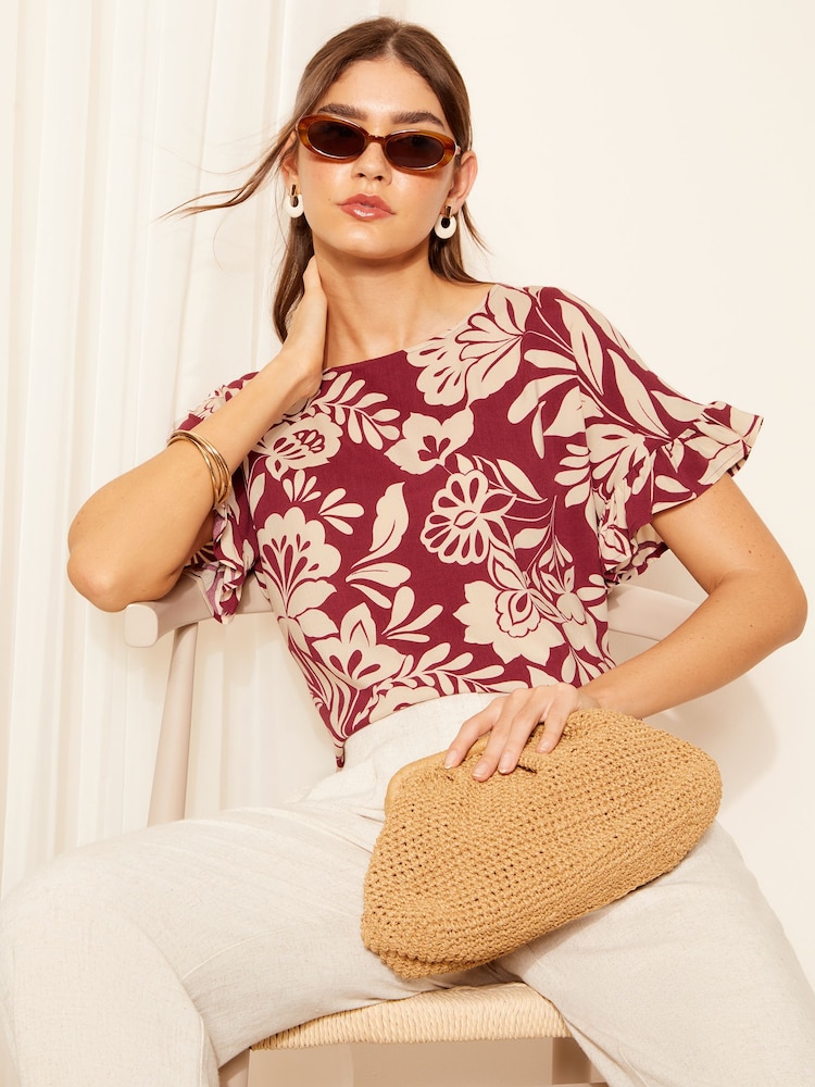 Friends Like These Burgundy Red Floral Short Sleeve Ruffle Cuff T-Shirt - Image 2 of 4