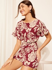 Friends Like These Burgundy Red Floral Short Sleeve Ruffle Cuff T-Shirt - Image 3 of 4