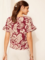 Friends Like These Burgundy Red Floral Short Sleeve Ruffle Cuff T-Shirt - Image 4 of 4