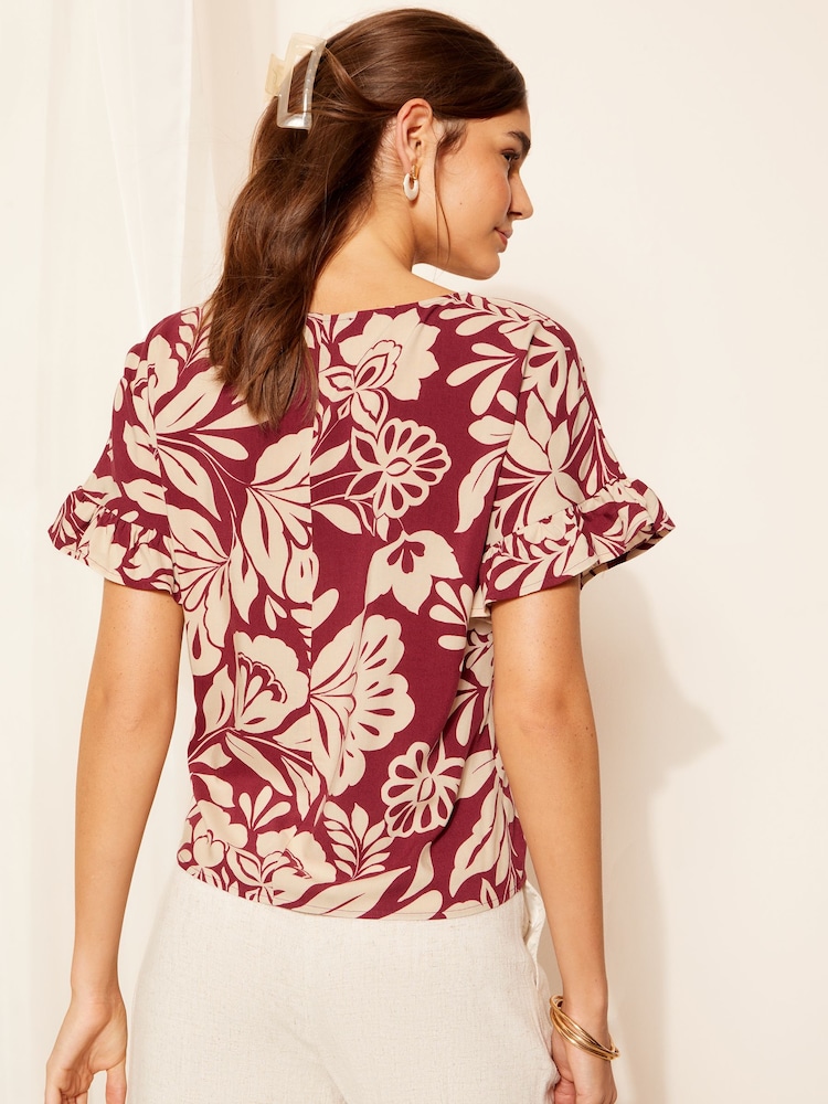 Friends Like These Burgundy Red Floral Short Sleeve Ruffle Cuff T-Shirt - Image 4 of 4