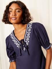 Friends Like These Navy Blue Contrast Embrodiered Puff Sleeve Tie Neck Blouse - Image 1 of 4