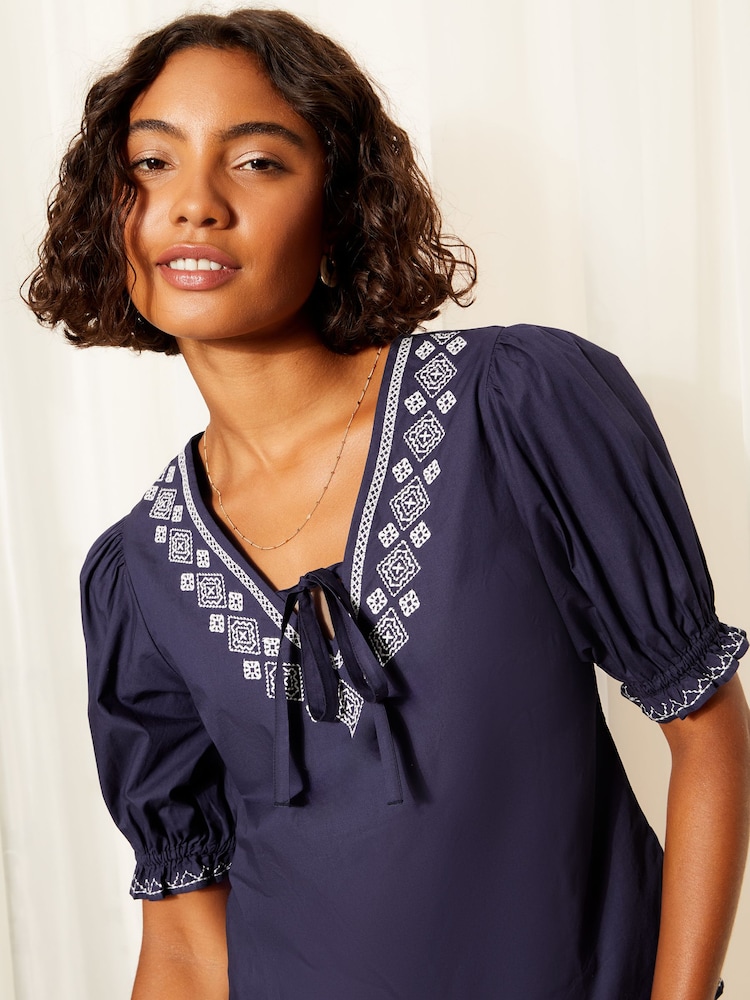 Friends Like These Navy Blue Contrast Embrodiered Puff Sleeve Tie Neck Blouse - Image 1 of 4