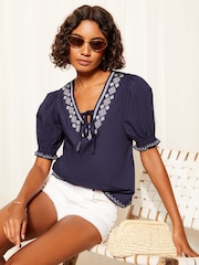 Friends Like These Navy Blue Contrast Embrodiered Puff Sleeve Tie Neck Blouse - Image 2 of 4