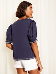 Friends Like These Navy Blue Contrast Embrodiered Puff Sleeve Tie Neck Blouse - Image 4 of 4