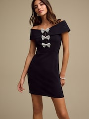 Black Off-the-Shoulder Bardot Diamante Sparkle Bow Detail Mini Dress - Image 3 of 8