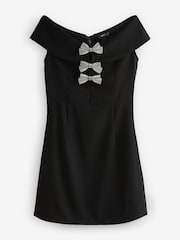 Black Off-the-Shoulder Bardot Diamante Sparkle Bow Detail Mini Dress - Image 6 of 8