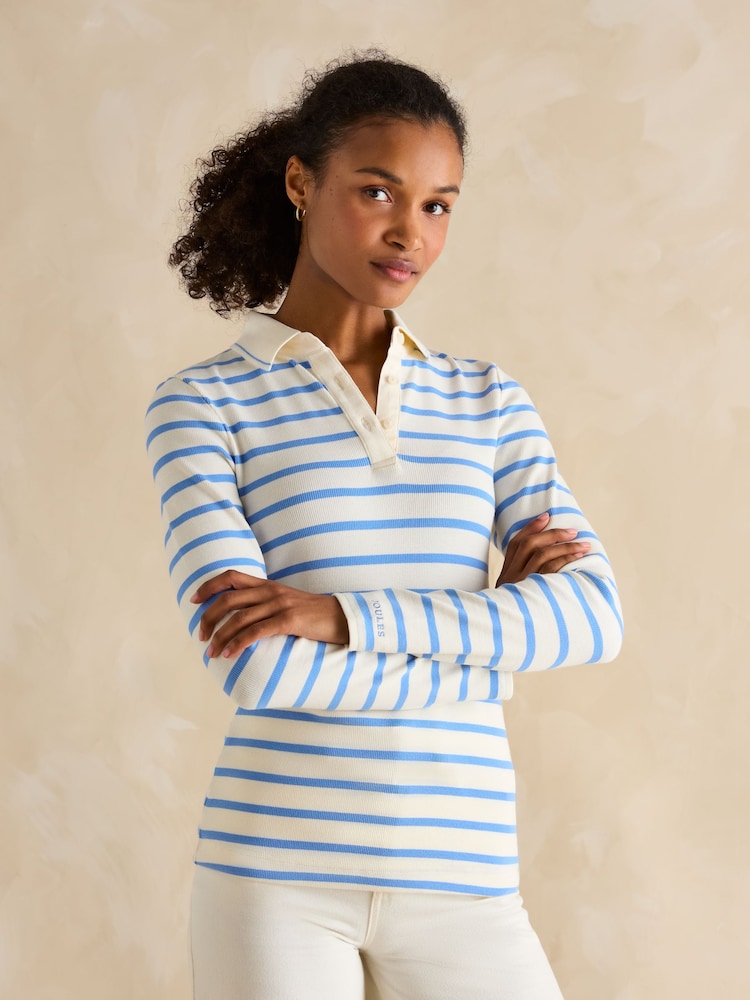 Joules Fairfield Blue Striped Ribbed Long Sleeve Striped Polo Shirt - Image 1 of 5