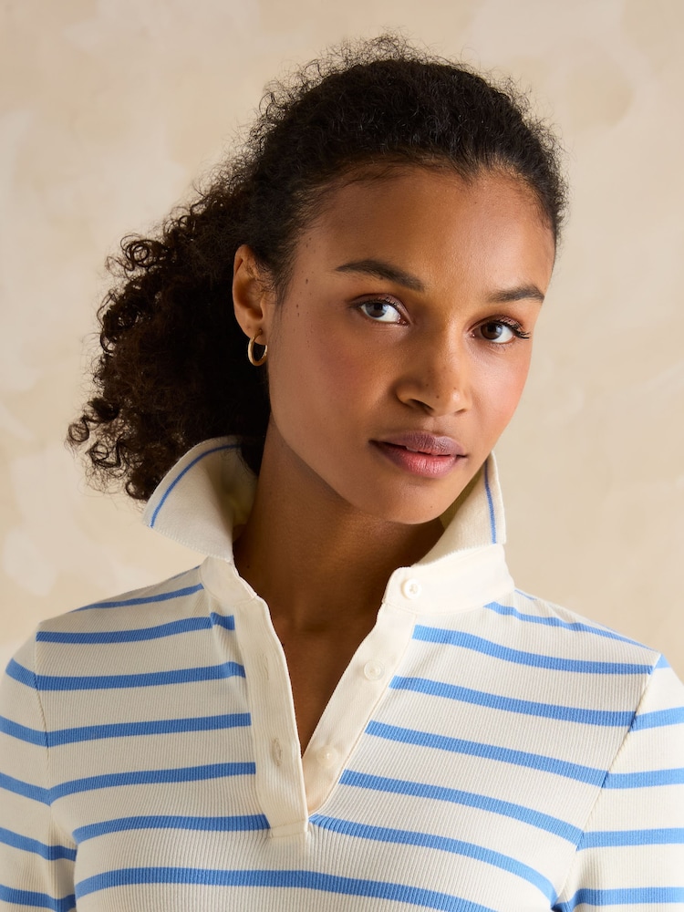 Joules Fairfield Blue Striped Ribbed Long Sleeve Striped Polo Shirt - Image 4 of 5