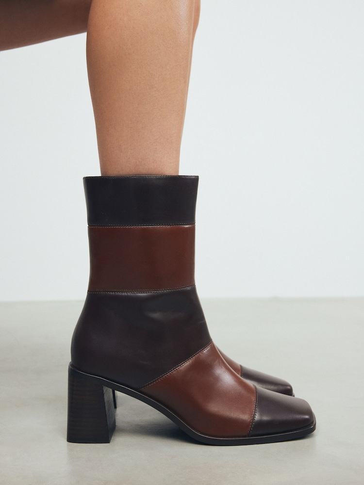 Brown Leather Premium Square Toe Panel Heeled Boots - Image 1 of 11
