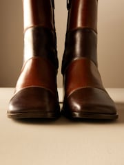 Brown Leather Premium Square Toe Panel Heeled Boots - Image 10 of 11