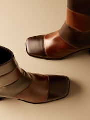Brown Leather Premium Square Toe Panel Heeled Boots - Image 11 of 11