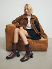 Brown Leather Premium Square Toe Panel Heeled Boots - Image 2 of 11