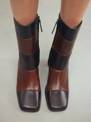 Brown Leather Premium Square Toe Panel Heeled Boots - Image 3 of 11