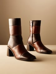 Brown Leather Premium Square Toe Panel Heeled Boots - Image 5 of 11