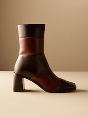 Brown Leather Premium Square Toe Panel Heeled Boots - Image 6 of 11