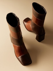 Brown Leather Premium Square Toe Panel Heeled Boots - Image 7 of 11