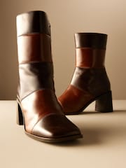Brown Leather Premium Square Toe Panel Heeled Boots - Image 8 of 11