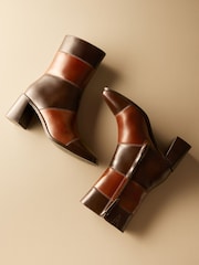 Brown Leather Premium Square Toe Panel Heeled Boots - Image 9 of 11