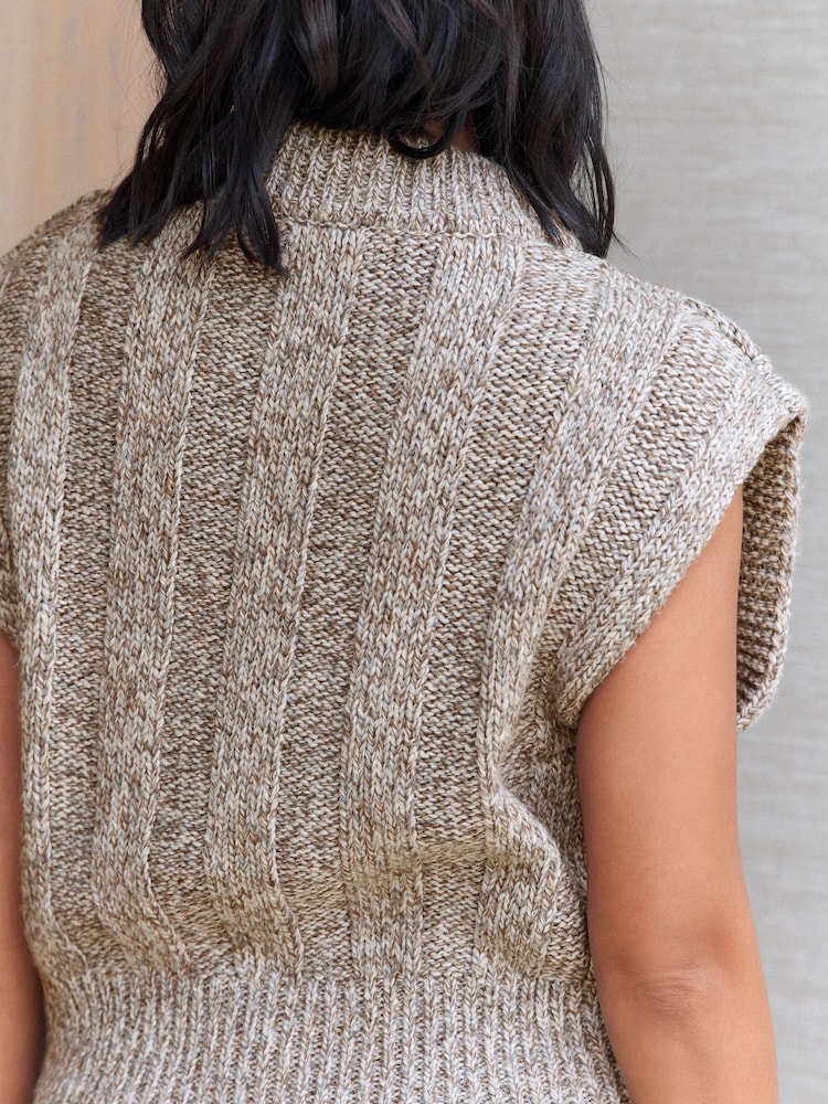 Grey High Neck Sleeveless Chunky Knitted Jumper Vest Top With Wool - Image 2 of 5 Grey High Neck Sleeveless Chunky Knitted Jumper Vest Top With Wool - Image 2 of 5