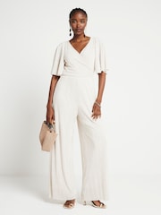 River Island Cream Angel Sleeve Plisse Jumpsuit - Image 1 of 4