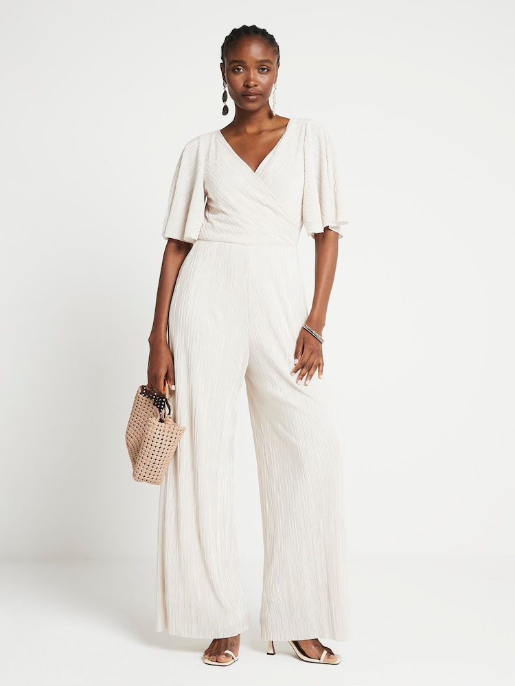 River Island Cream Angel Sleeve Plisse Jumpsuit - Image 1 of 4