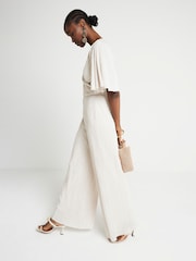 River Island Cream Angel Sleeve Plisse Jumpsuit - Image 3 of 4