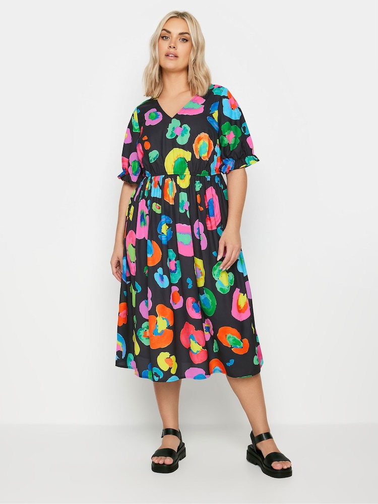 Yours Curve Black YOURS Curve Pink Abstract Print Midi Dress - Image 2 of 5