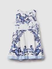 Reiss Blue Print Emiline 13-14 yrs Cotton Tile Print Pleated Dress - Image 1 of 4