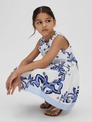 Reiss Blue Print Emiline 13-14 yrs Cotton Tile Print Pleated Dress - Image 3 of 4