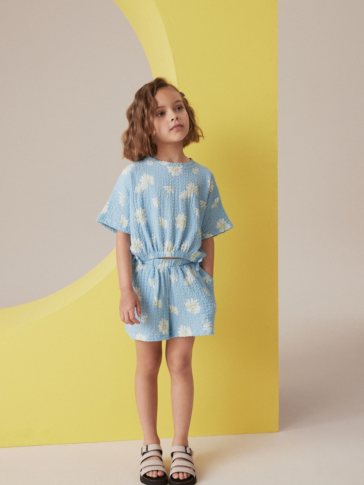 Blue Daisy Textured Tie Side T-Shirt and Short Set (3-16yrs) - Image 1 of 6