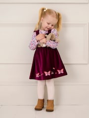 JoJo Maman Bébé Plum Purple Butterfly Velour Appliqué Velour Pinafore Dress And Top Set - Image 1 of 7