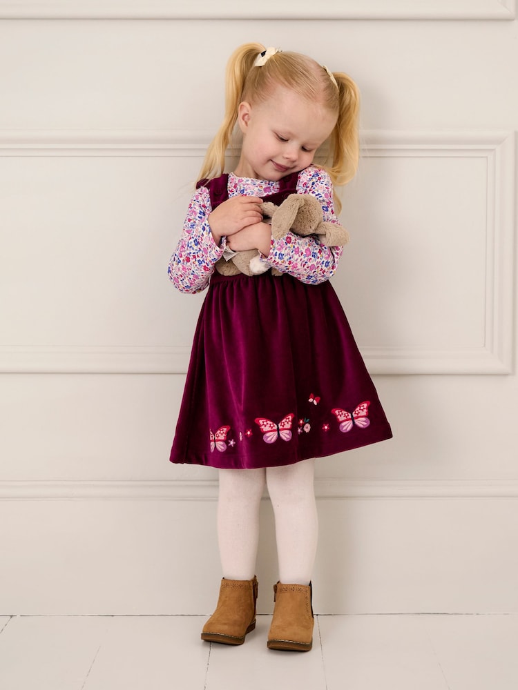 JoJo Maman Bébé Plum Purple Butterfly Velour Appliqué Velour Pinafore Dress And Top Set - Image 1 of 7