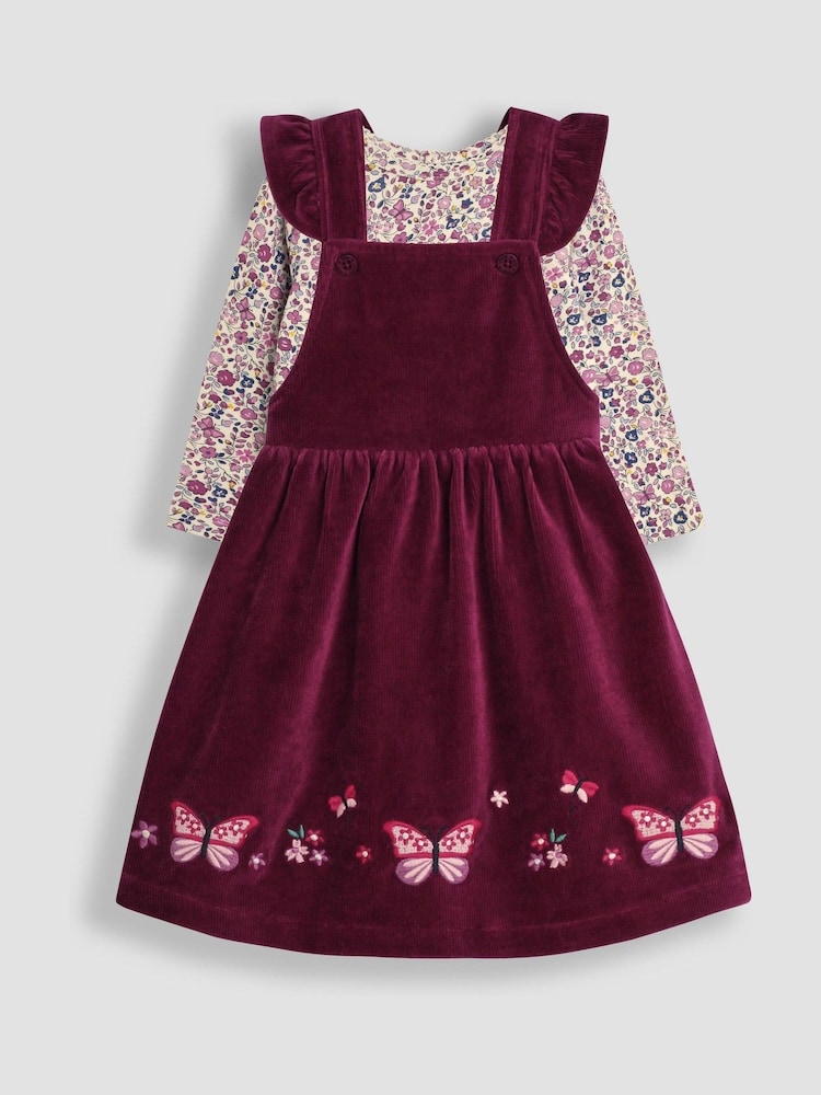 JoJo Maman Bébé Plum Purple Butterfly Velour Appliqué Velour Pinafore Dress And Top Set - Image 2 of 7