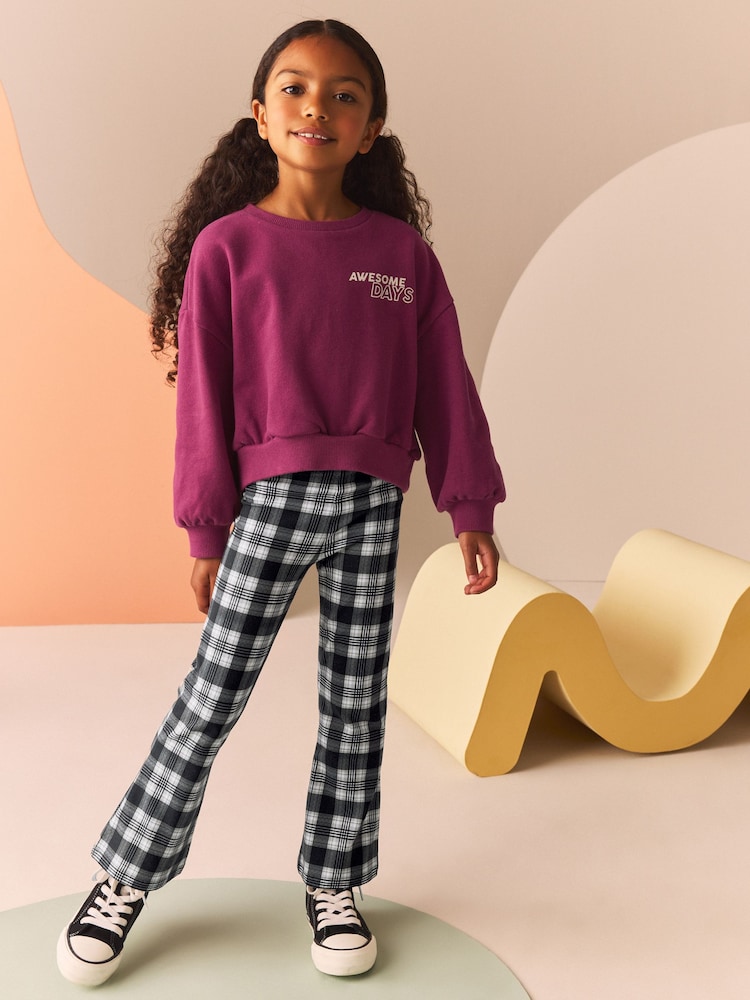Burgundy Red Graphic Sweatshirt And Check Flare Leggings Set (3-16yrs) - Image 1 of 8