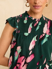 Love & Roses Green Feather Petite Printed Shirred Yoke Shell Top - Image 2 of 4