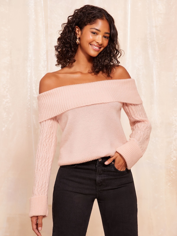 Friends Like These Pink Cable Sleeve Off The Shoulder Jumper - Image 2 of 4 Friends Like These Pink Cable Sleeve Off The Shoulder Jumper - Image 2 of 4