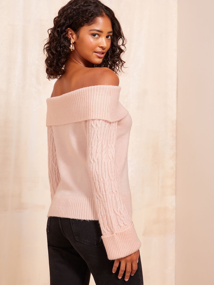 Friends Like These Pink Cable Sleeve Off The Shoulder Jumper - Image 4 of 4