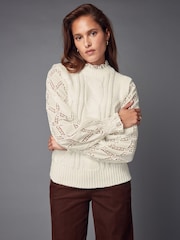 White Ecru High Neck Collar Lace Layer Cable Knitted Jumper - Image 1 of 8