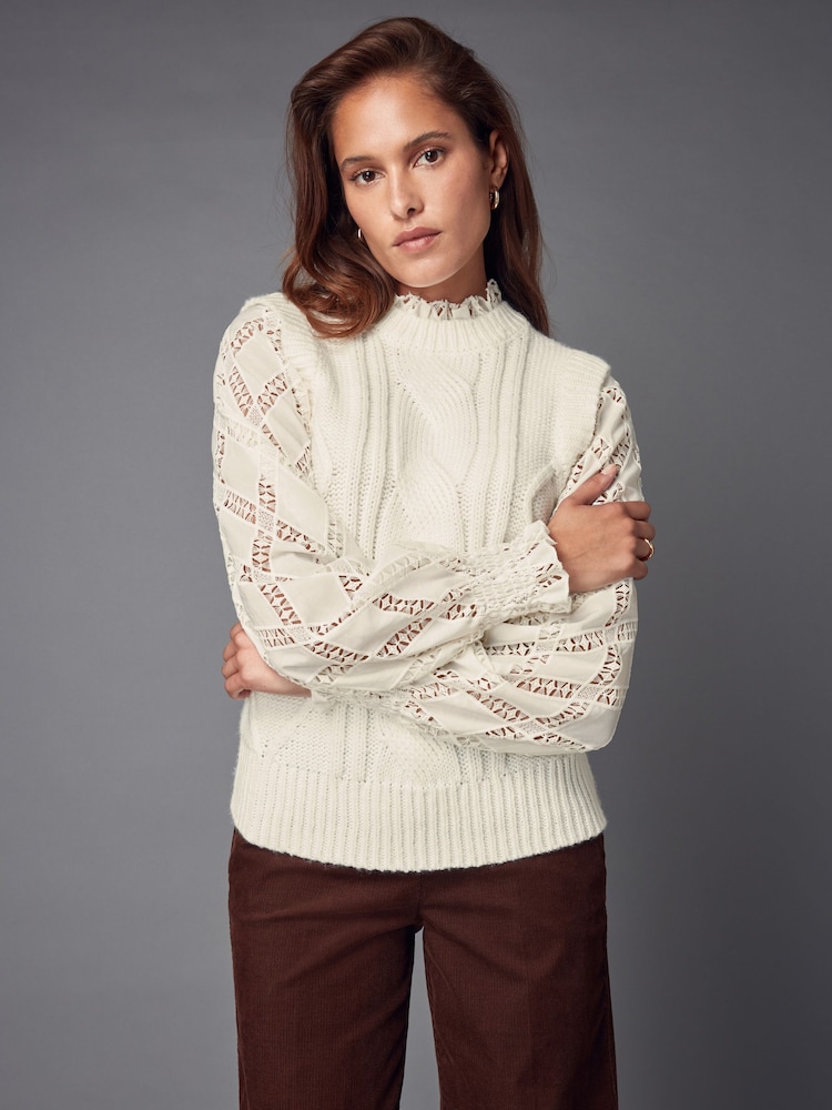 White Ecru High Neck Collar Lace Layer Cable Knitted Jumper - Image 1 of 8