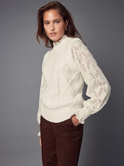 White Ecru High Neck Collar Lace Layer Cable Knitted Jumper - Image 2 of 8