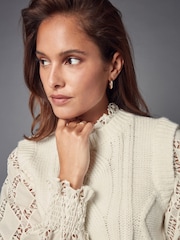 White Ecru High Neck Collar Lace Layer Cable Knitted Jumper - Image 4 of 8