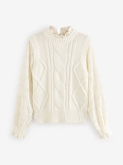 White Ecru High Neck Collar Lace Layer Cable Knitted Jumper - Image 6 of 8