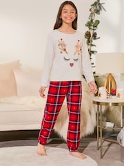 Lipsy Cream Christmas Reindeer Soft Touch Fleece Pyjamas (3-16yrs) - Image 1 of 4
